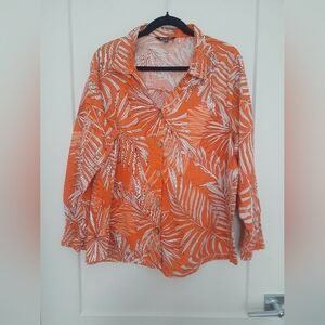 Unique Spectrum Orange and White Tropical Button-Front Blouse